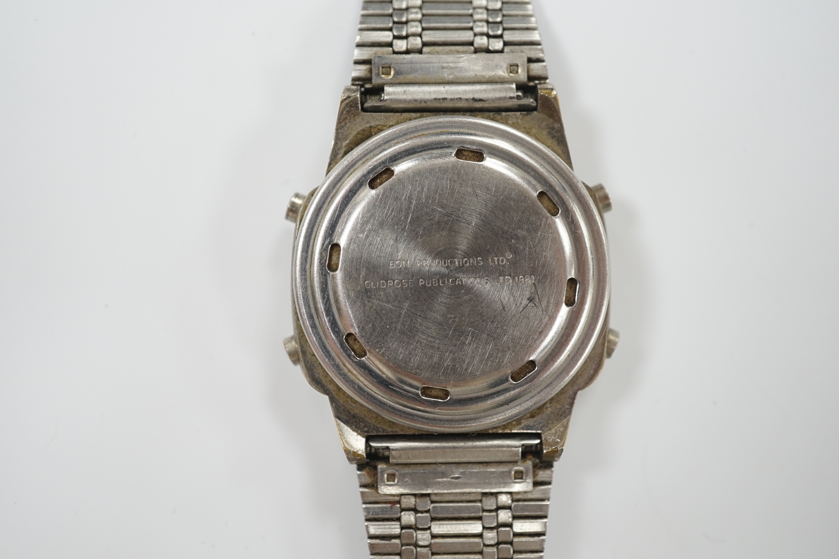 An early 1980's stainless steel James Bond 007 'For Your Eyes Only' digital quartz wrist watch, no box or papers.